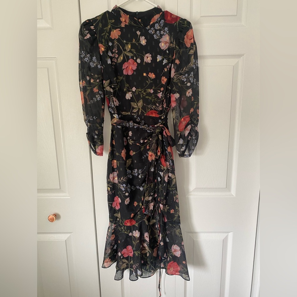 Eliza J Black Floral Metallic Detail Long Sleeve  Bodycon Dress